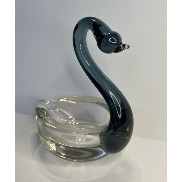 Other - Swan Hand Blown Art Glass Jewelry Dish Smoky Blue Murano Style Trinket Bowl Vtg